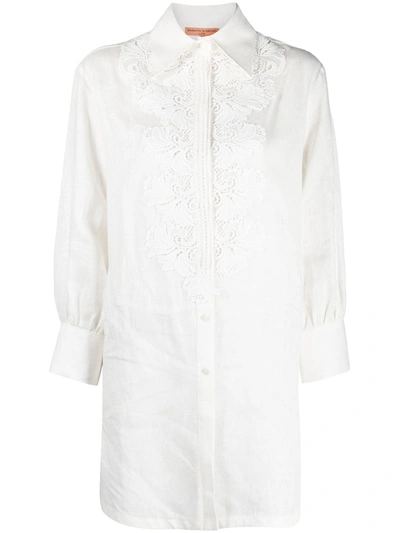 Ermanno Scervino Lace Plastron Linen Shirt Dress In White