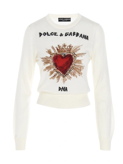 Dolce & Gabbana Cropped Cashmere Sweater With Intarsia And Embroidery In White