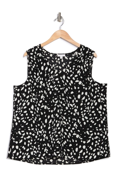 14th & Union Gathered Sleeveless V-neck Blouse In Black- Ivory Dot Marks