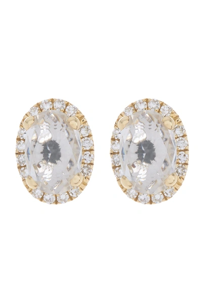 Ef Collection 14k White Gold Pave Diamond & Oval White Topaz Stud Earrings In Yellow Gold