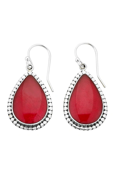 Samuel B Jewelry Sterling Silver Bezel Set Faceted Coral Beaded Trim Teardrop Earrings In Red