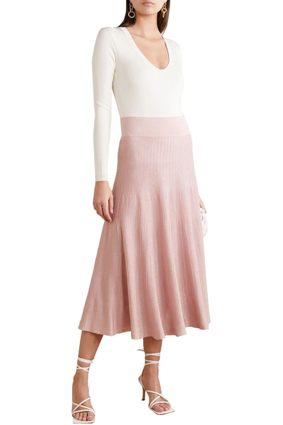 Casasola Pleated Metallic Ribbed-knit Midi Skirt In Pink