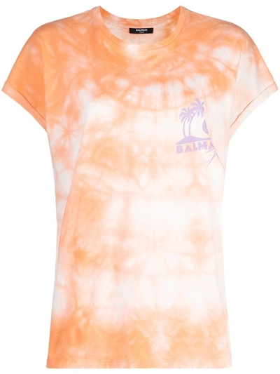 Balmain Palm Tree-print Tie-dye T-shirt In Orange