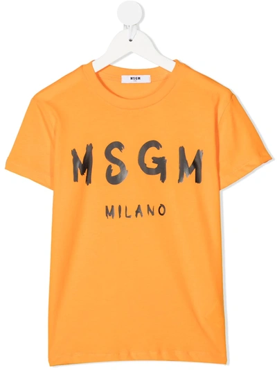 Msgm Kids' Brushed Stroke Logo-print Cotton T-shirt In Orange
