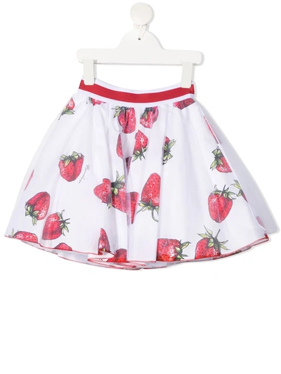 Monnalisa Kids' Popeline Strawberry Print Tulle Skirt White