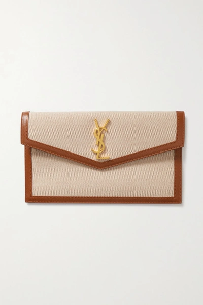 Saint Laurent Uptown Leather-trimmed Cotton-canvas Pouch In Tan