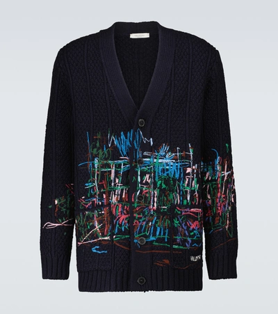 Valentino Navy Blue Cardigan With Embroidered Roman Sketches In Navy St Roman Sketches Trevi Multicolor