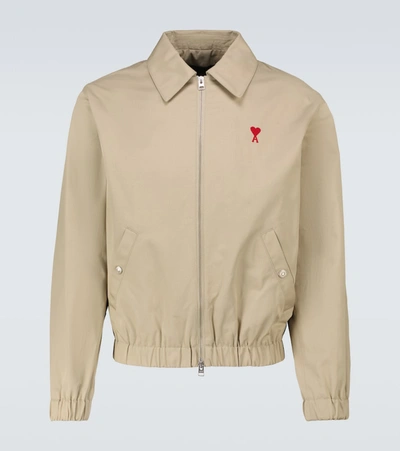 Ami Alexandre Mattiussi Logo Embro Cotton Gabardine Zip Jacket In Beige