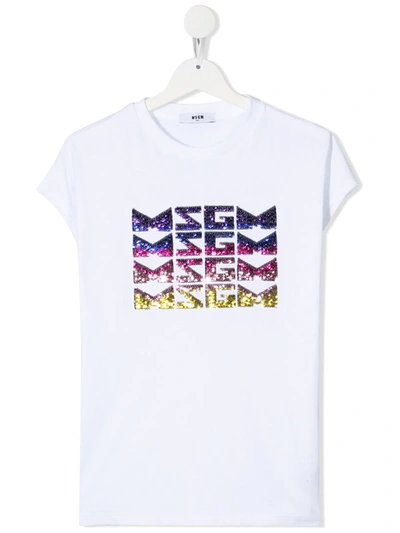 Msgm Teen Sequin Logo T-shirt In White