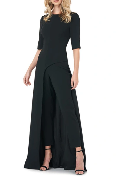 Kay Unger Sasha Elbow-sleeve Stretch Crepe Overlay Jumpsuit In Black