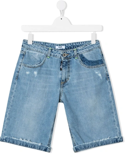 Msgm Teen Distressed-effect Denim Shorts In Blue