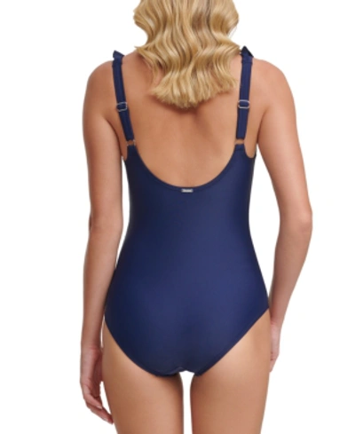 Dkny Ruffle Plunge Underwire Tummy Control One-piece Swimsuit, Created For Macy's Women's Swimsuit In Blue