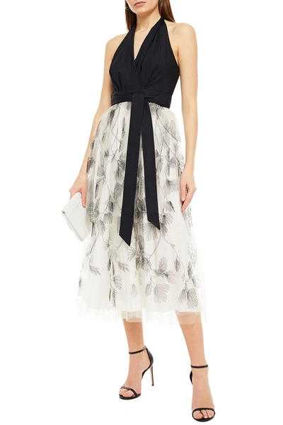 Brunello Cucinelli Paneled Embroidered Tulle And Cotton-poplin Halterneck Midi Dress In Black