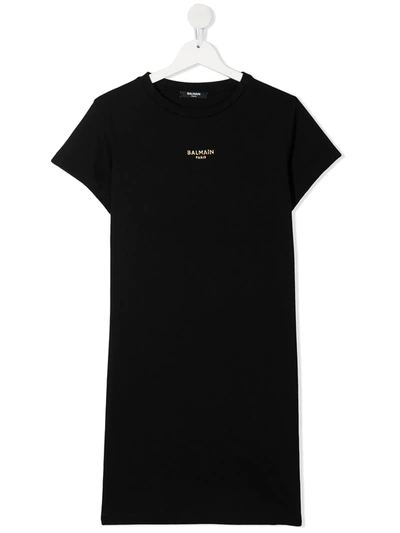 Balmain Kids' Embroidered Logo Cotton T-shirt Dress In Black