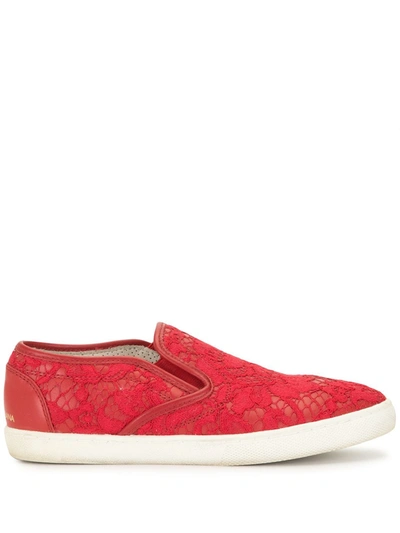 Pre-owned Dolce & Gabbana Lace Slip-on Sneakers In Red
