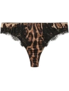 Dolce & Gabbana Leopard-print Satin Thong With Lace Detailing In Brown