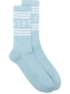 Versace Logo Cotton Blend Crew Socks In Blue