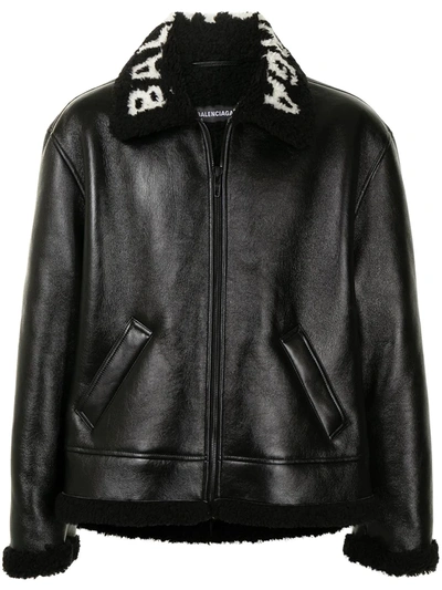 Balenciaga Logo Collar Leather Jacket With Genuine Shearling Lining In Nero