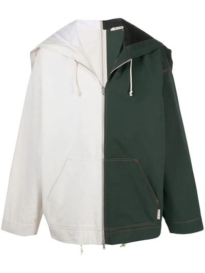 Marni Bicolour Front And Back Zip Cotton Hoodie In Green,white