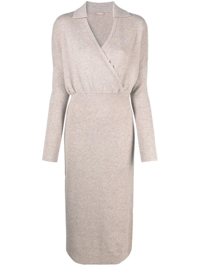 12 Storeez V-neck Cashmere-blend Midi Dress In Neutrals