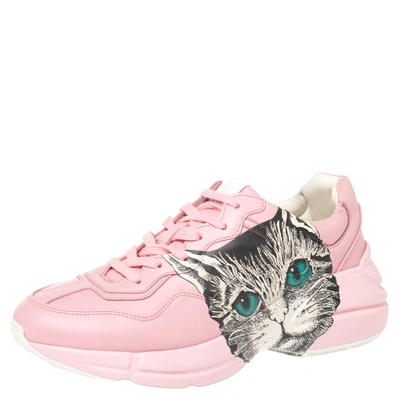 Pre-owned Gucci Pink Leather Rhyton Mystic Cat Sneakers Size 37