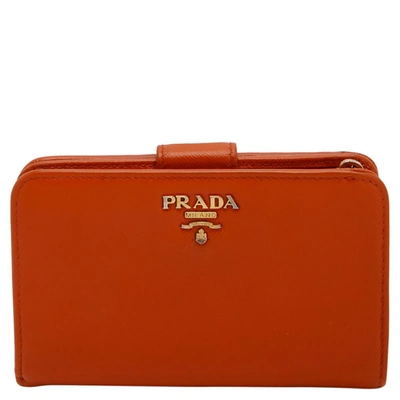 Pre-owned Prada Orange Saffiano Leather Wallet