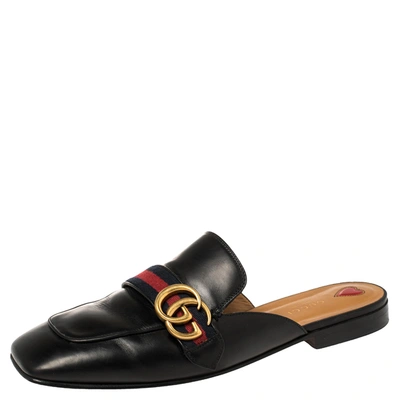 Pre-owned Gucci Black Leather Web Gg Logo Flat Mules Size 41