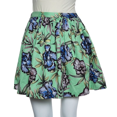 Pre-owned Alice And Olivia Alice +olivia Green Floral Printed Cotton Pleated Tania Skirt S