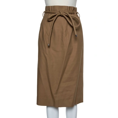 Pre-owned Oscar De La Renta Beige Cotton Paper Bag Waist Belted Midi Skirt M