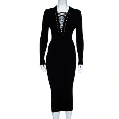 Pre-owned Balmain Black Rib Knit Lace Up Neckline Fitted Dress S