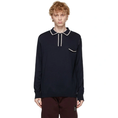 Maison Margiela Long-sleeved Knitted Polo Shirt In Blue