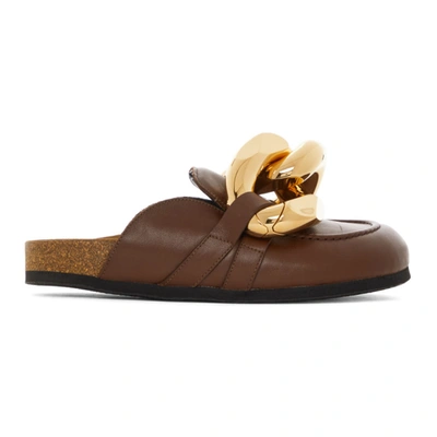 Jw Anderson Chain-embellished Leather Slippers In Brown