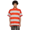Msgm Red & Grey Striped Logo T-shirt In 18 Red/grey