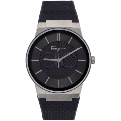 Ferragamo Navy & Silver Sapphire Watch In Blue Check Patterned