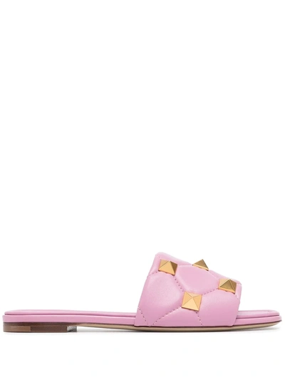 Valentino Roman Stud Enameled Flat Slide Sandals In Giacinto