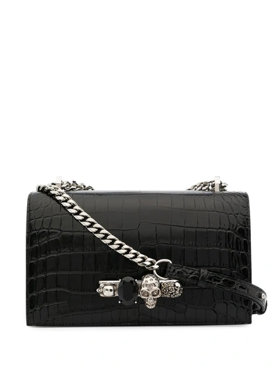 Alexander Mcqueen Jewelled Crocodile Effect Bag In Black