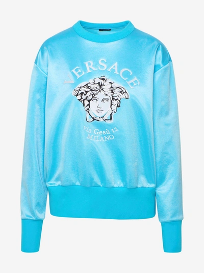 Versace Light Blue Embroidered Medusa Crew Neck Sweatshirt