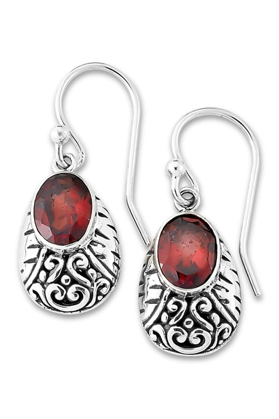 Samuel B Jewelry Sterling Silver Oval Garnet Bali Design Drop Earrings In Red