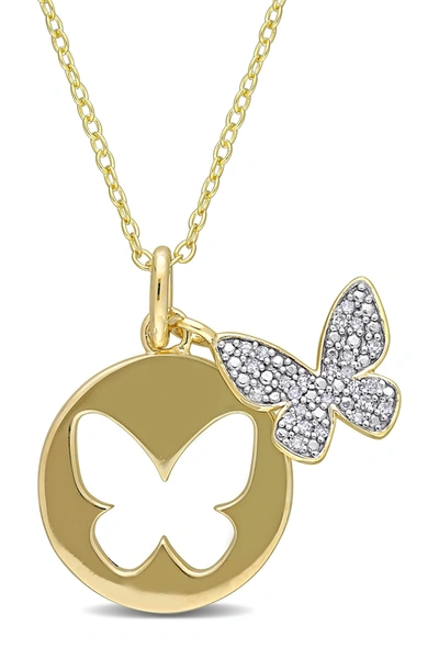 Delmar Yellow Plated Sterling Silver Pave Diamond Accent Butterfly & Cutout Butterfly Pedant Necklace In Gold