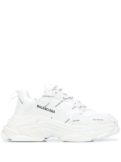 Balenciaga White Allover Logo Triple S Sneakers In White & Black