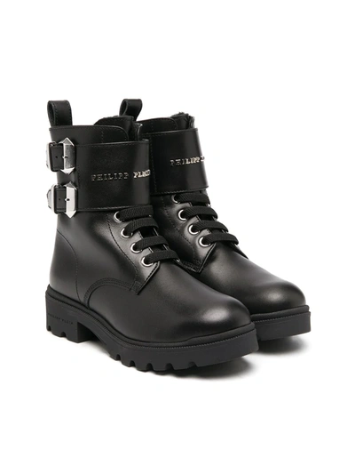 Philipp Plein Junior Kids' Lace-up Leather Boots In Black