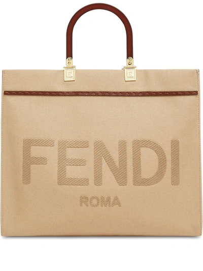 Fendi Sunshine Medium Leather-trimmed Embroidered Canvas Tote In Beige