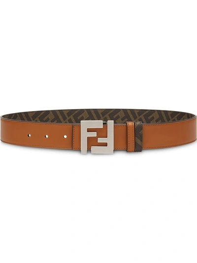 Fendi Ff Logo Fabric And Leather Reversible Belt In Brown