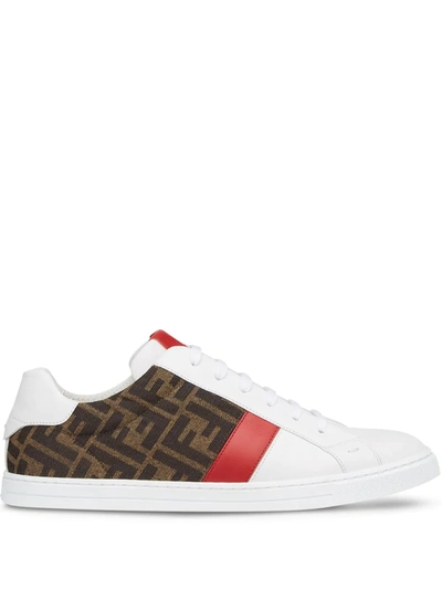 Fendi Ff-logo Print Lace-up Sneakers In White/brown/red