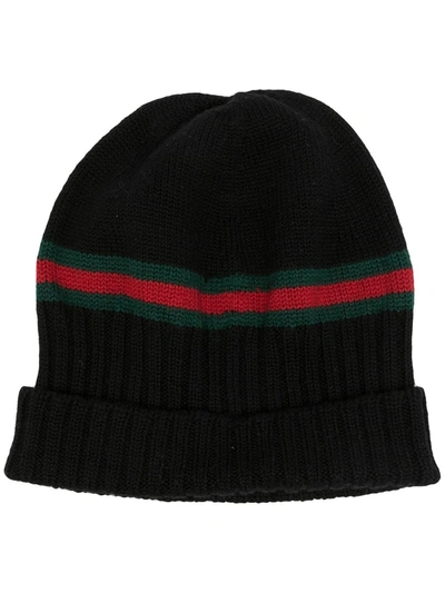 Pre-owned Gucci Web Stripe Wool Beanie In Blue