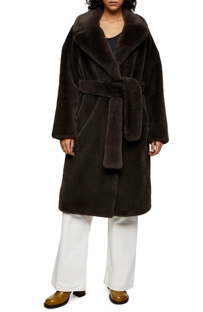 Topshop Bella Belted Long Faux Fur Coat In Charcoal
