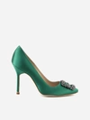 Manolo Blahnik Hangisi 70 Satin Pumps With Clc Crystal Buckle In Green