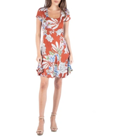 24seven Comfort Apparel Knee Length Short Sleeve Floral Dress With Godets In Multi