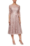 Alex Evenings Belted Floral Embroidered Midi Dress In Rose Pink