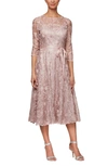 Alex Evenings Belted Floral Embroidered Midi Dress In Rose